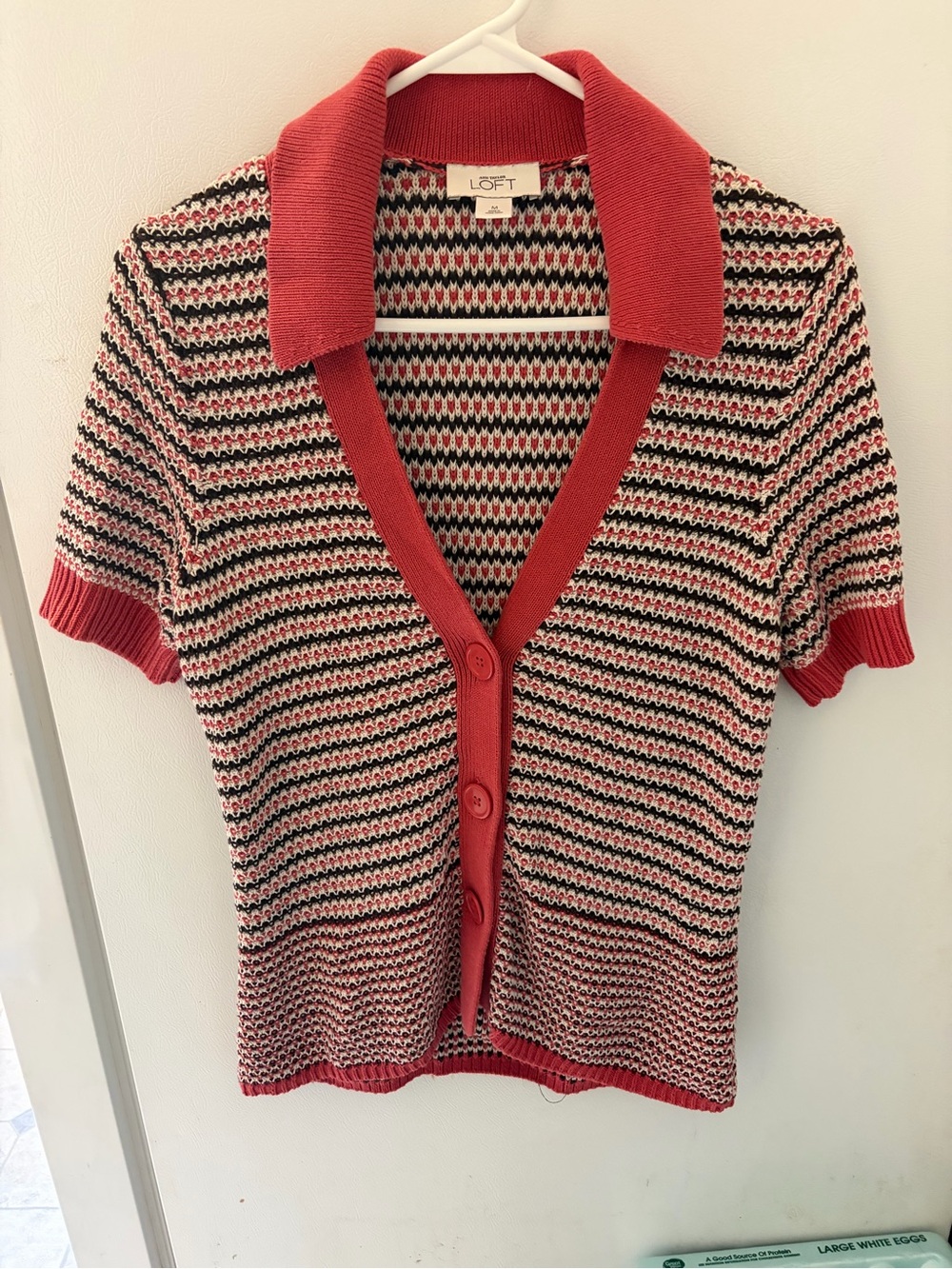 LOFT Pink, Cream & Black Short-Sleeve Button Cardigan